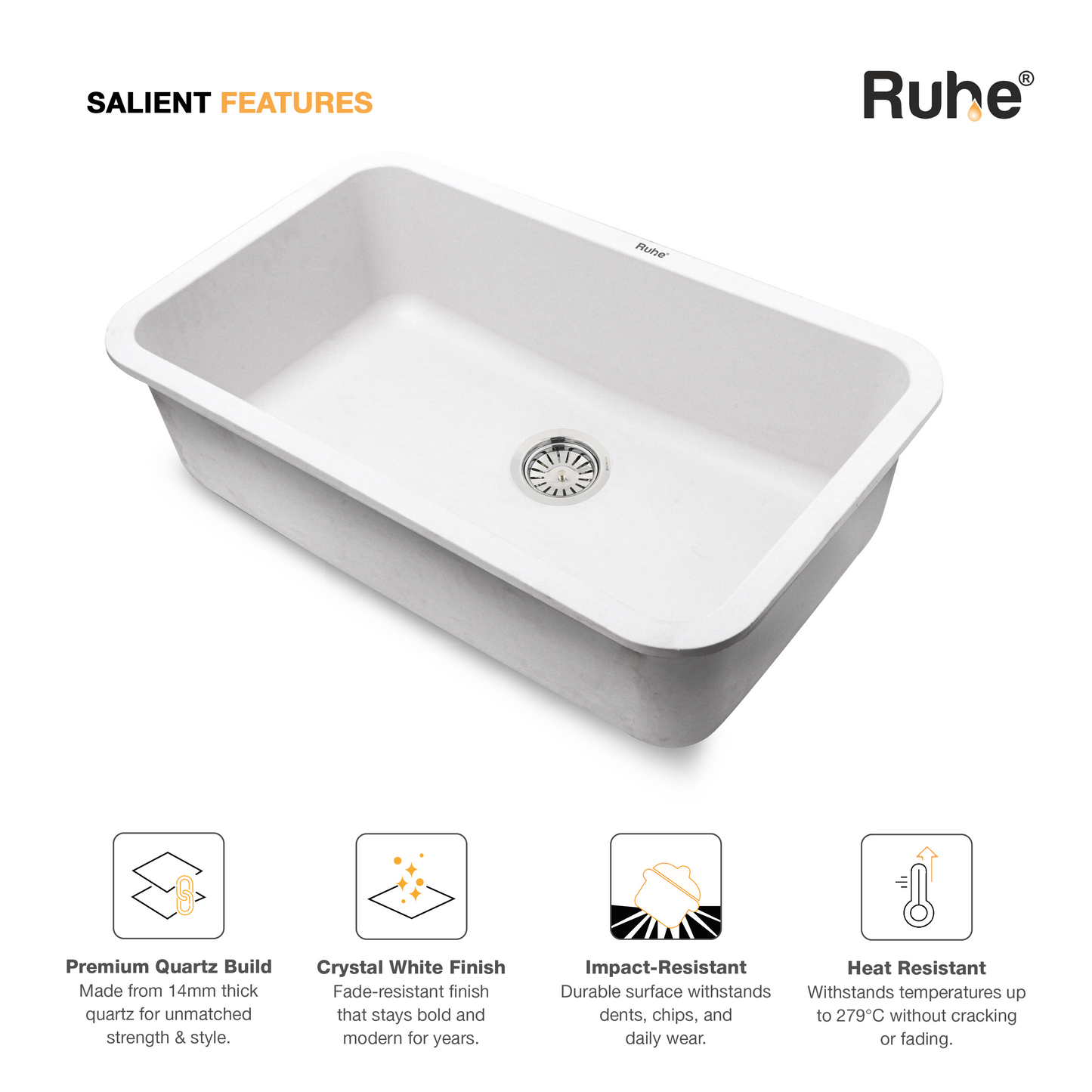 Crystal White Quartz Single Bowl Kitchen Sink (31 x 19 x 9 Inches) (Salient Features)