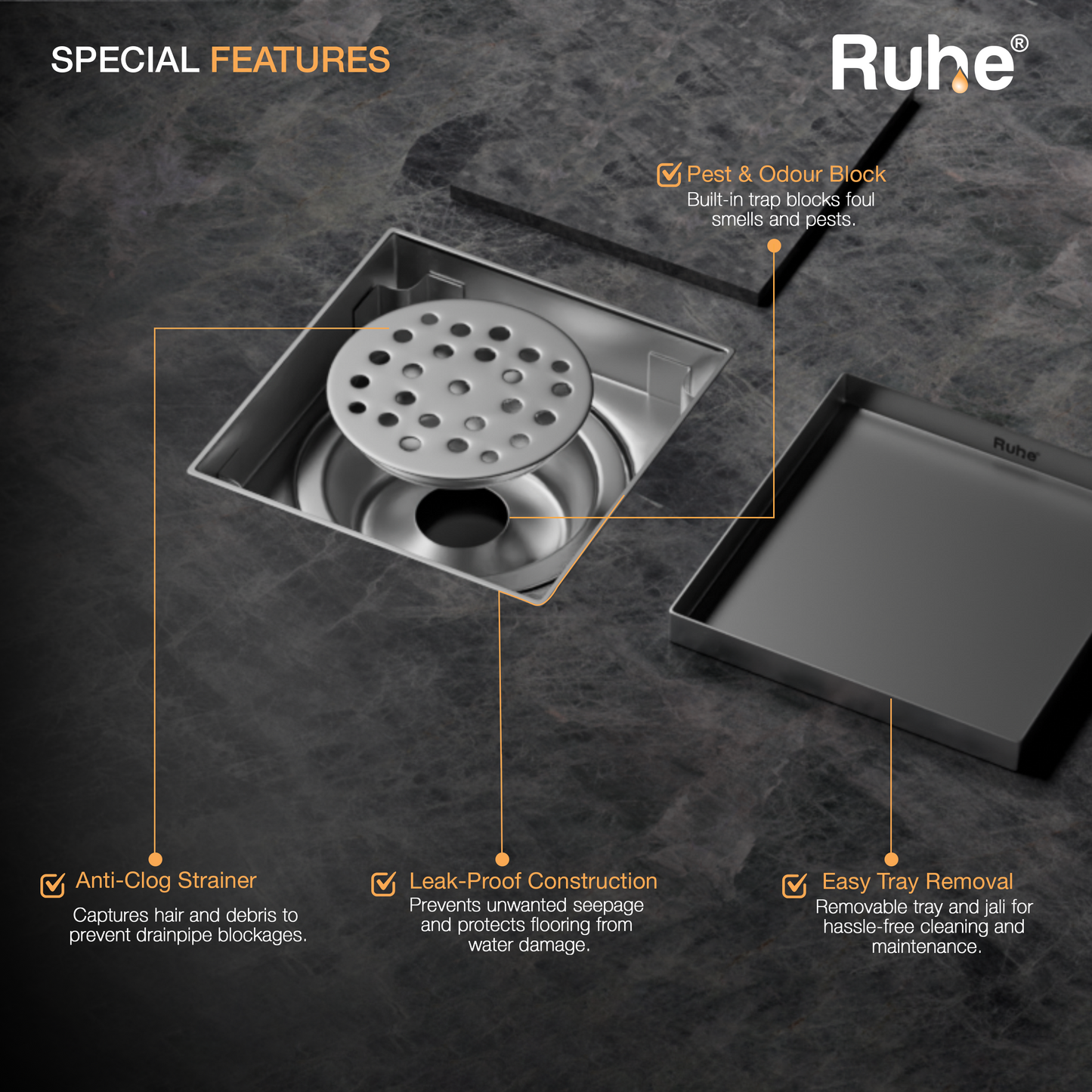 Tile-Insert Shower Drain Channel (8 x 8 Inches)