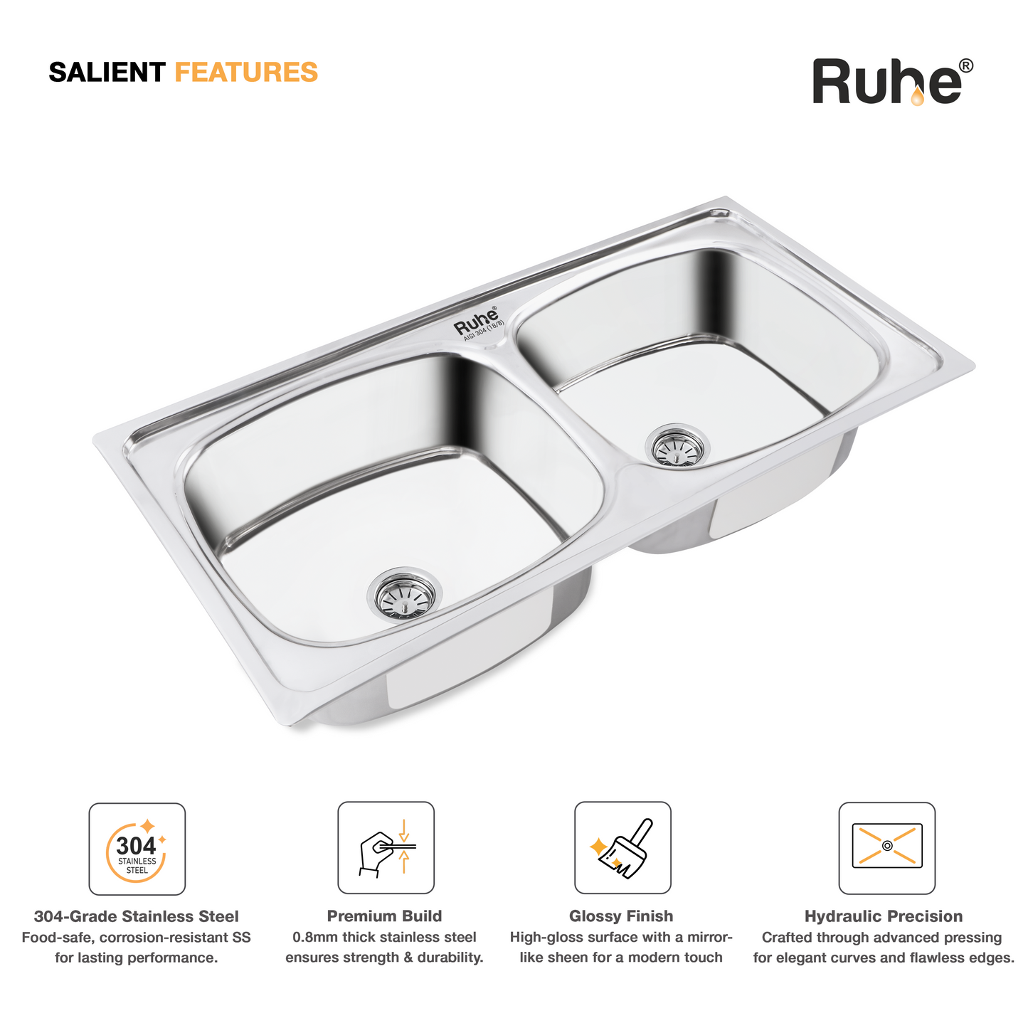 Double Bowl Kitchen Sink (45 x 20 x 9 Inches)(Salient Features)