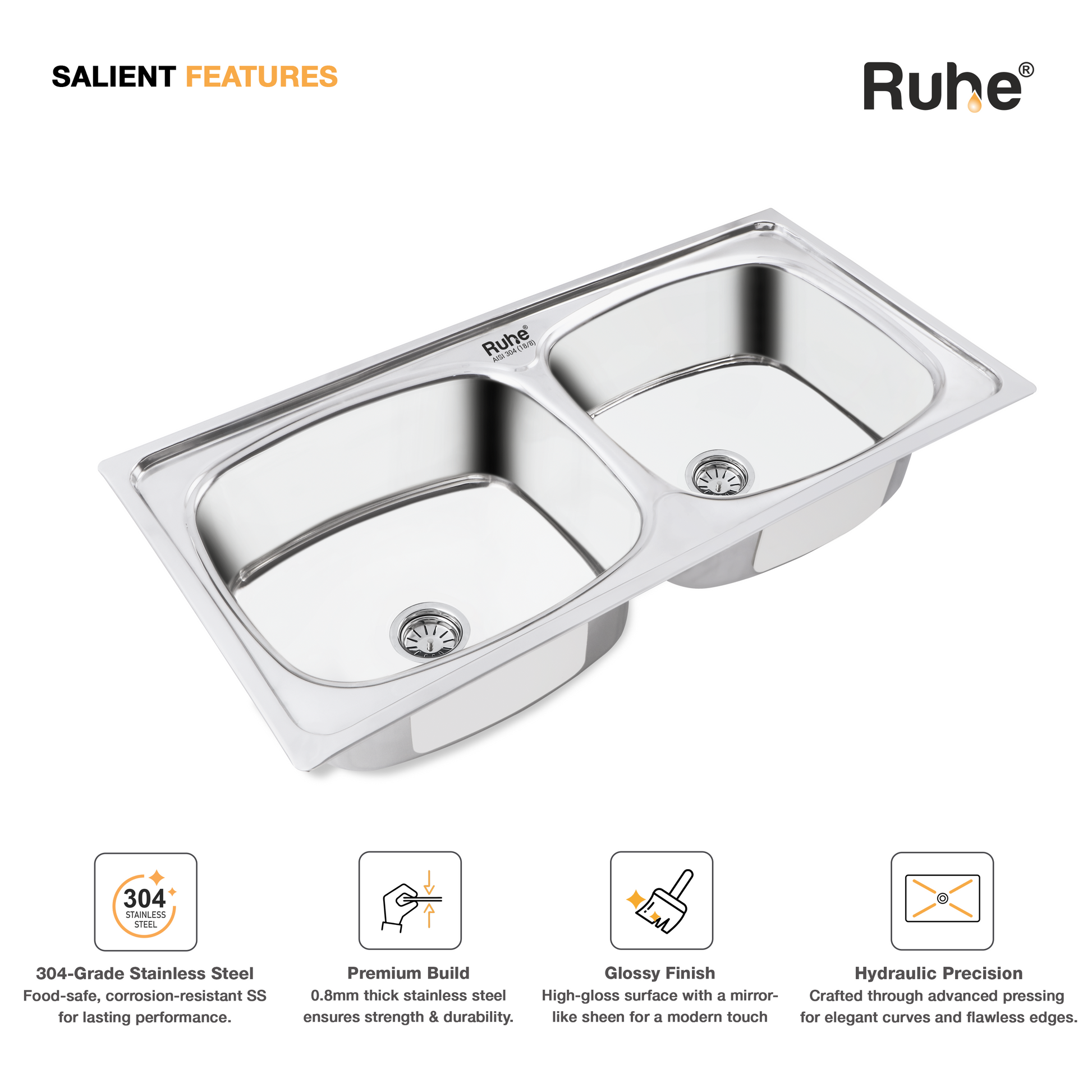 Double Bowl Kitchen Sink (45 x 20 x 9 Inches)(Salient Features)