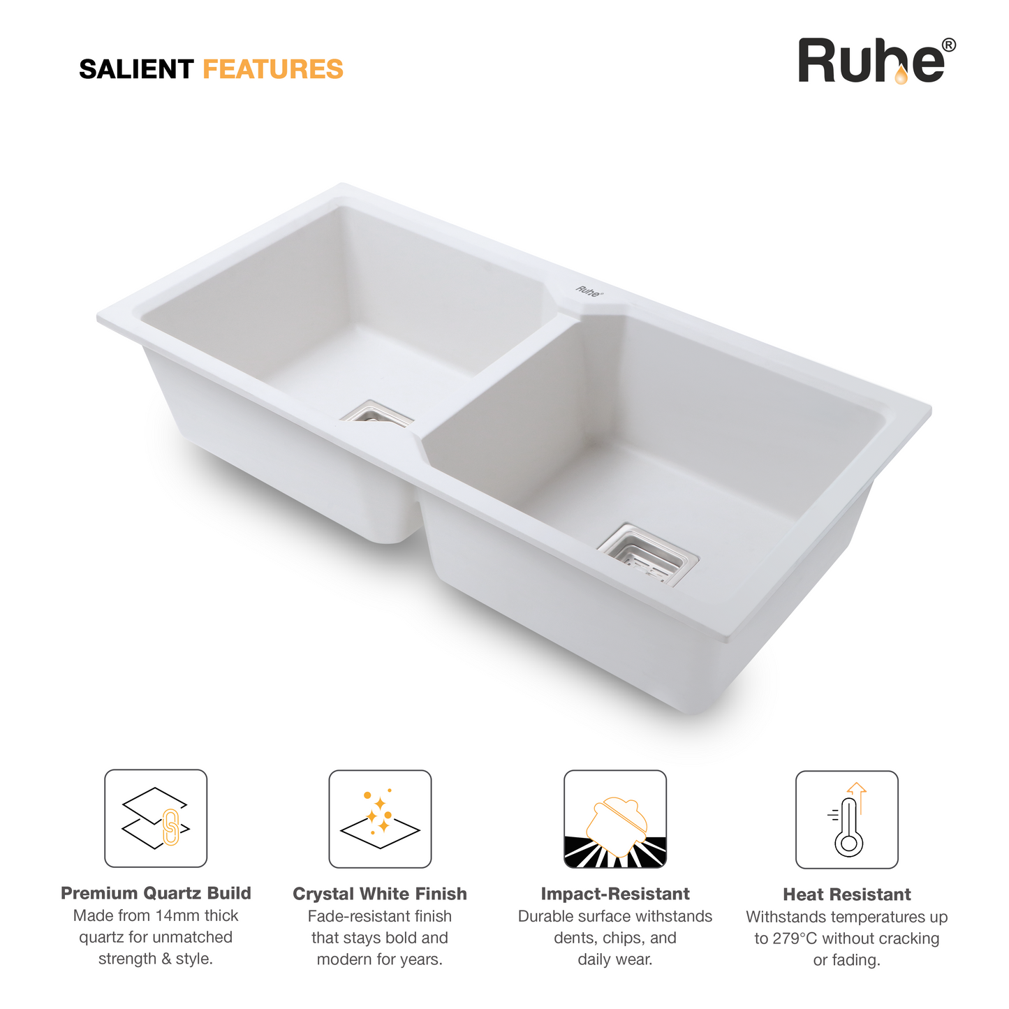 Quartz Double Bowl Kitchen Sink (45 x 20 x 9 inches)