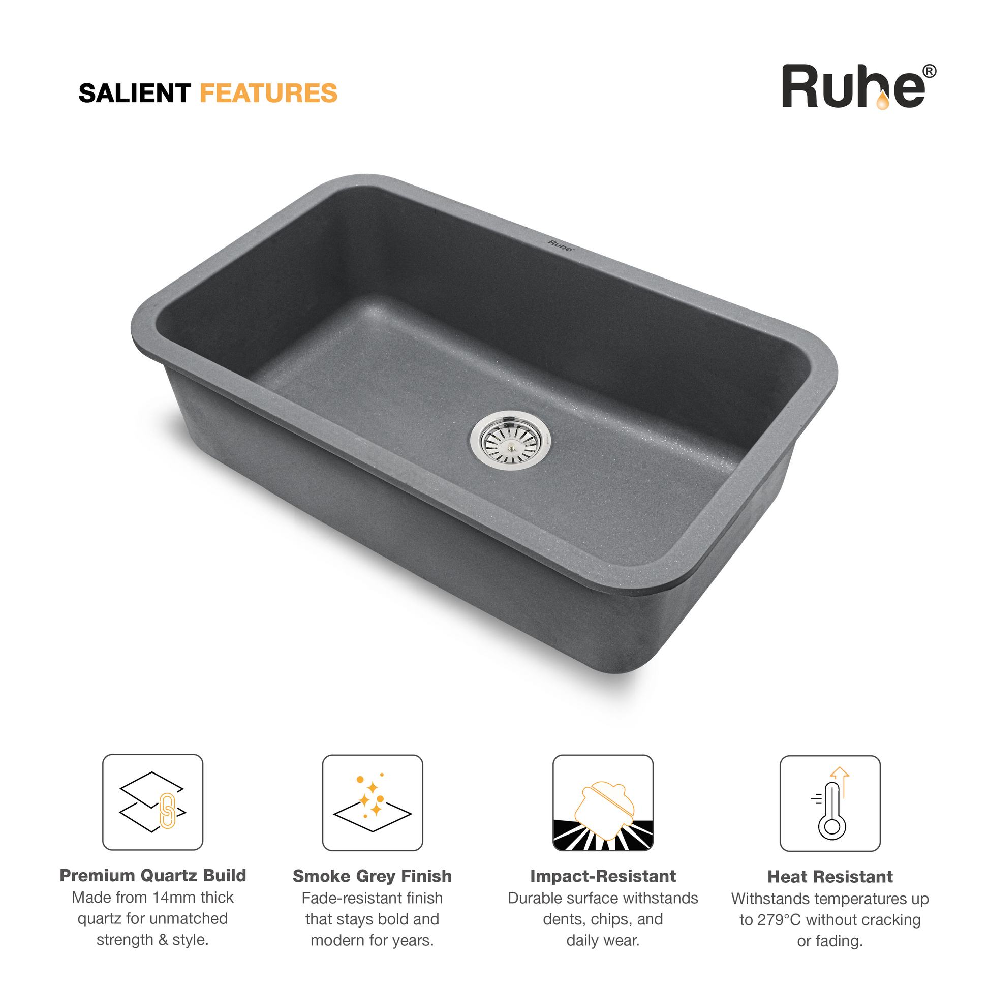 Smoke Grey Quartz Single Bowl Kitchen Sink (31 x 19 x 9 Inches) (Salient Features)