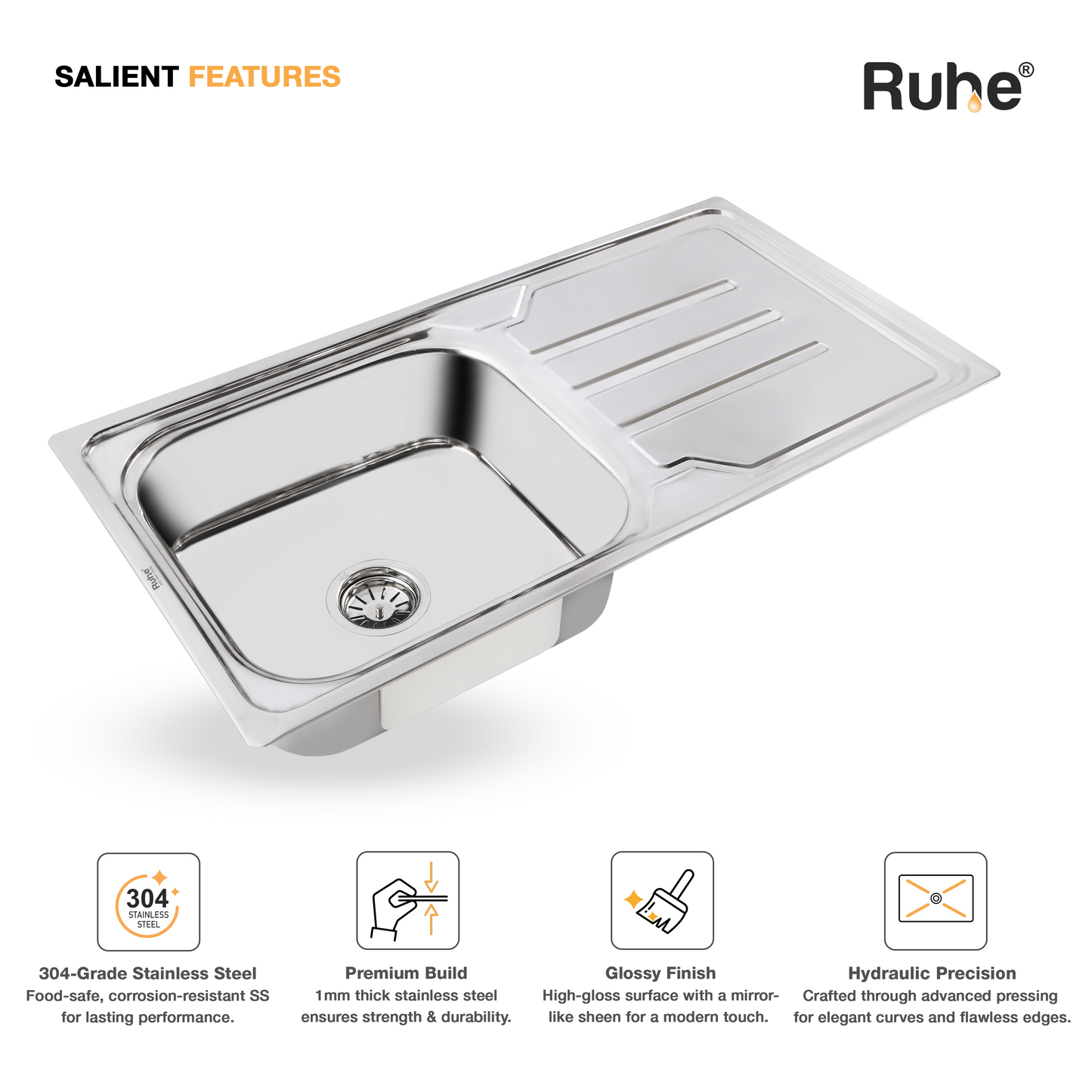 Single Bowl with Drainboard Kitchen Sink (42 x 20 x 9 Inches)(Salient Features)