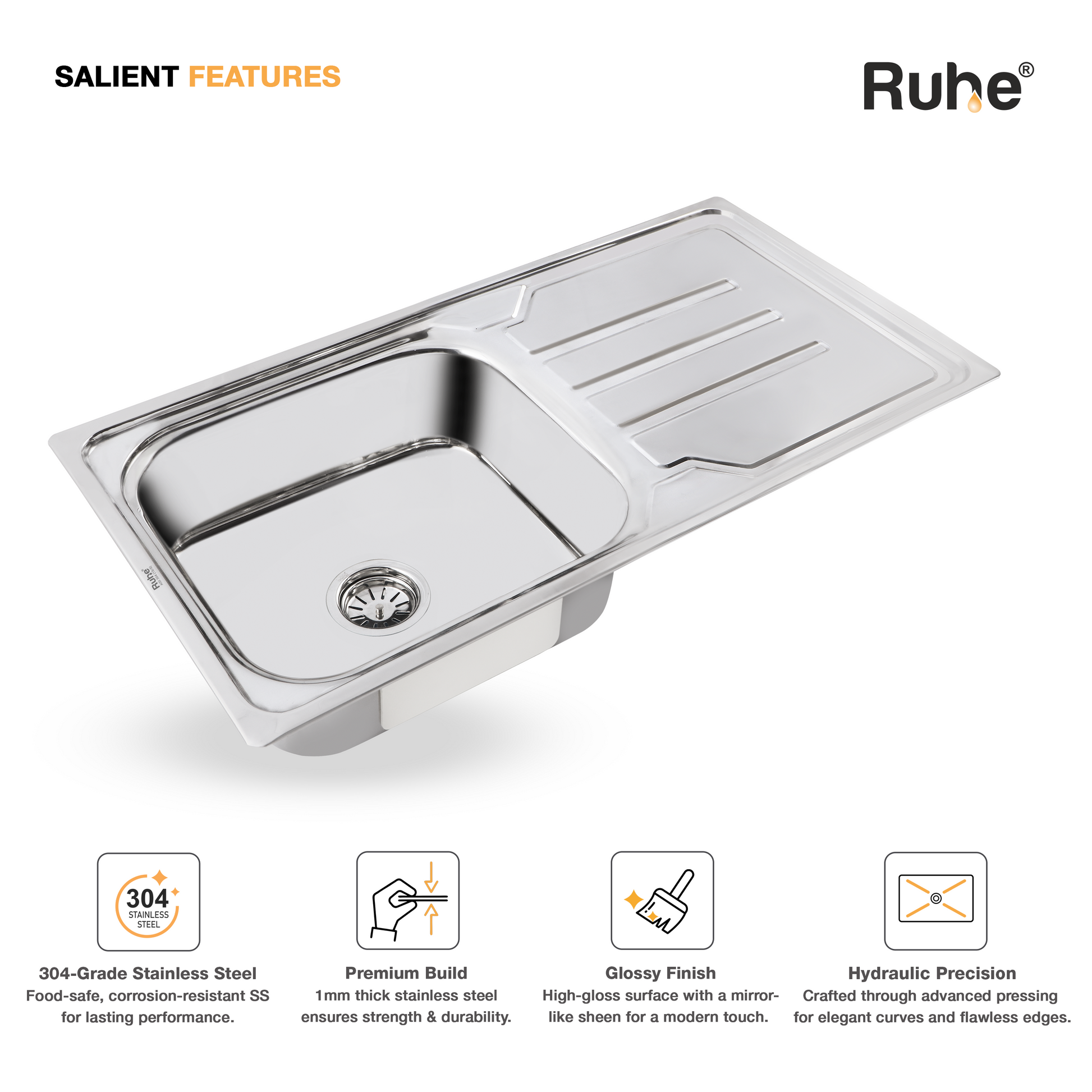 Single Bowl with Drainboard Kitchen Sink (42 x 20 x 9 Inches)(Salient Features)