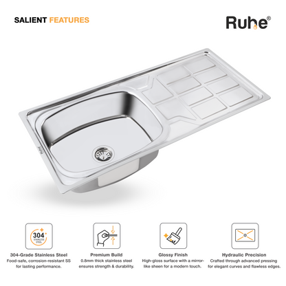 Oval Single Bowl with Drainboard Kitchen Sink (45 x 20 x 9 Inches)