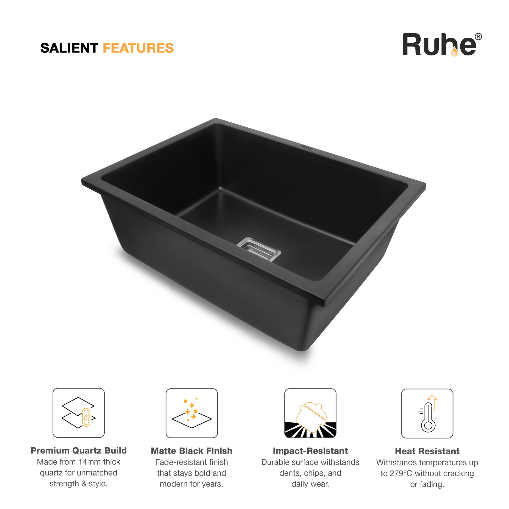 Black Quartz Single Bowl Kitchen Sink (24 x 18 x 9 Inches) (Features)