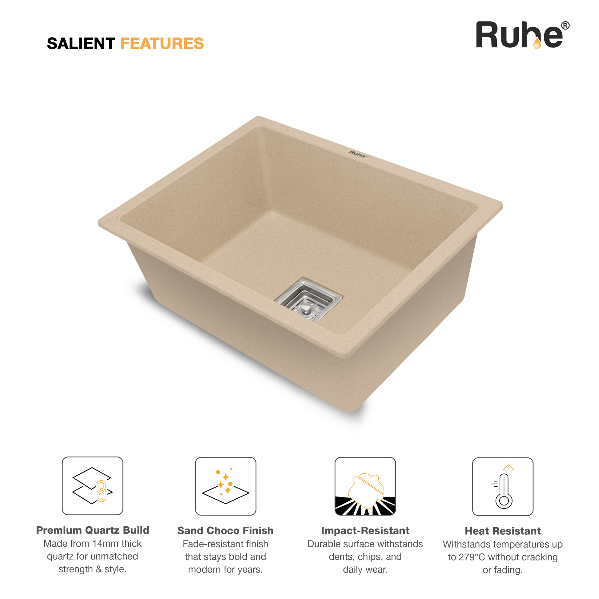 Sand Choco Quartz Single Bowl Kitchen Sink (24 x 18 x 9 Inches) (Features)