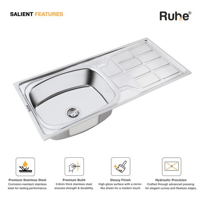 Oval Single Bowl with Drainboard Kitchen Sink (45 x 20 x 9 Inches)