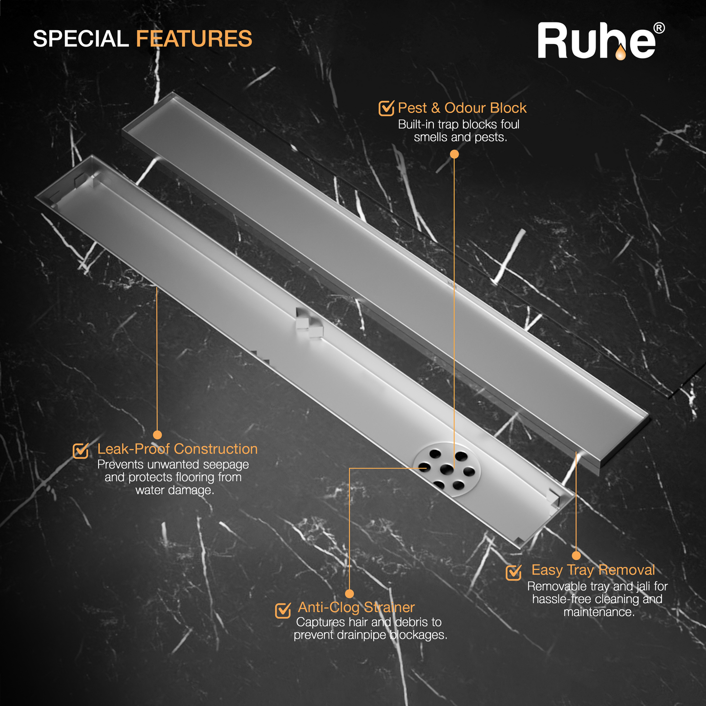 Marble-Insert Shower Drain Channel (2 Inches)