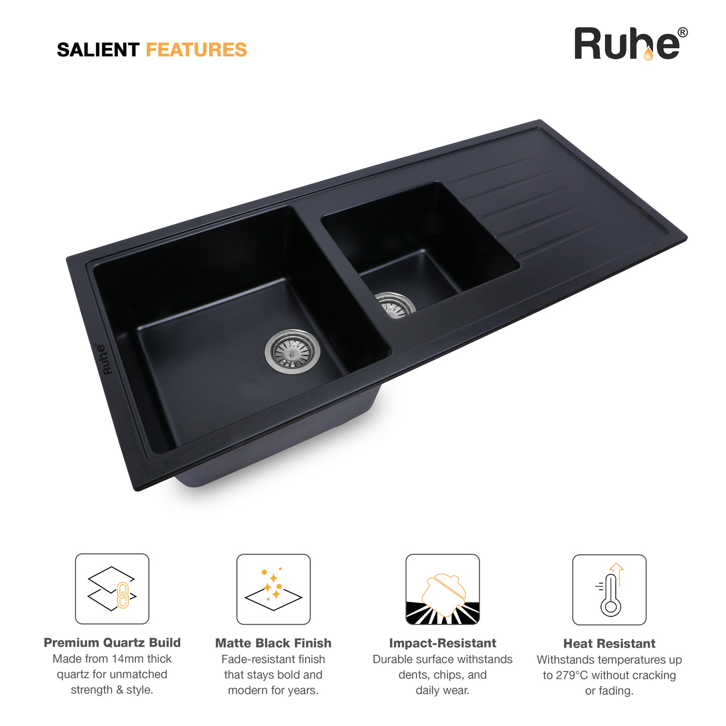 Quartz Double Bowl with Drainboard Kitchen Sink (45 x 20 x 9 inches)