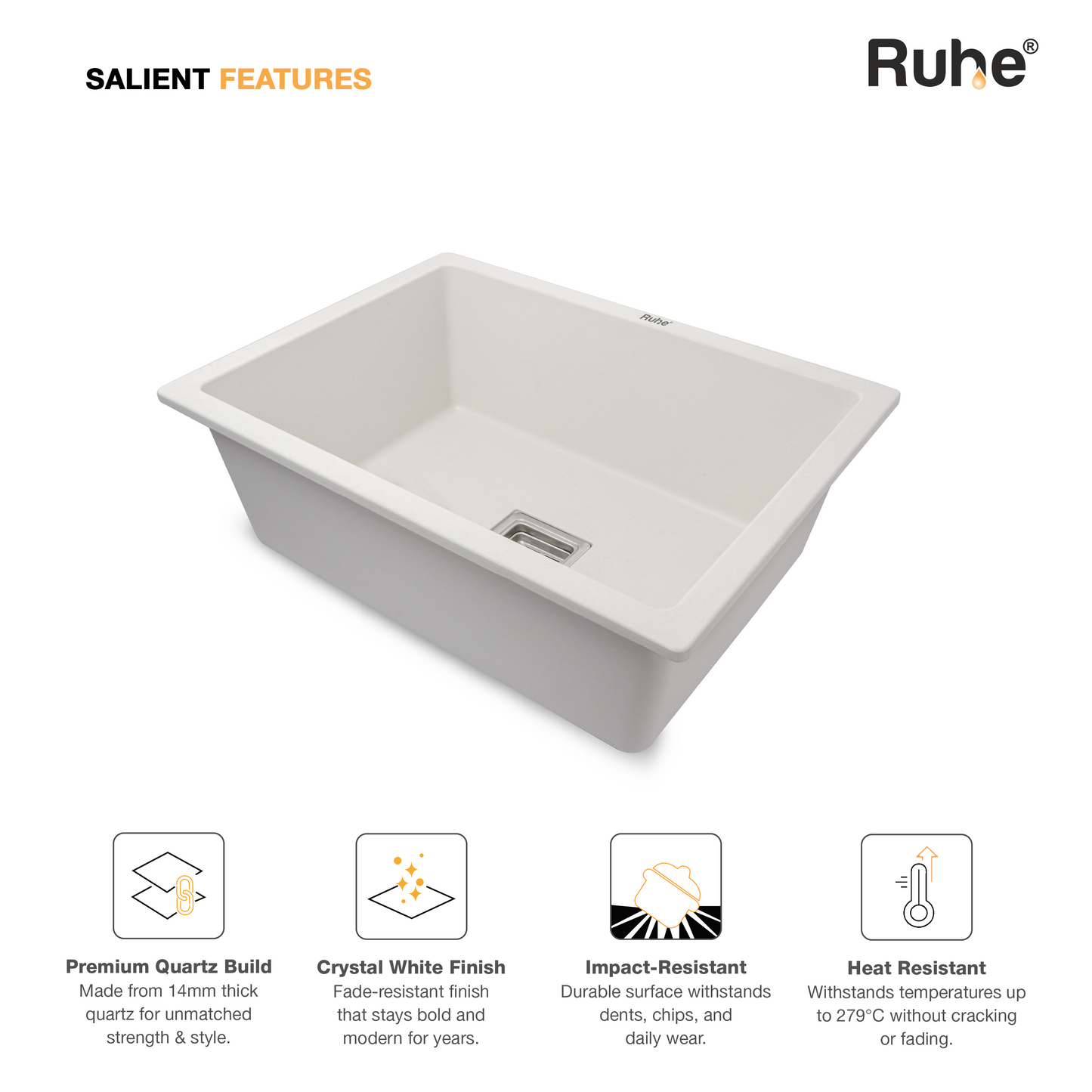 Crystal White Quartz Single Bowl Kitchen Sink (24 x 18 x 9 Inches (Features)