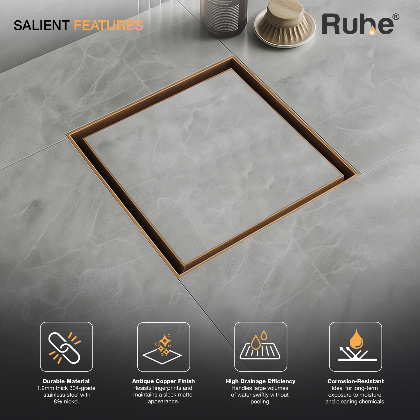 Tile-Insert Shower Drain Channel (5 x 5 Inches)