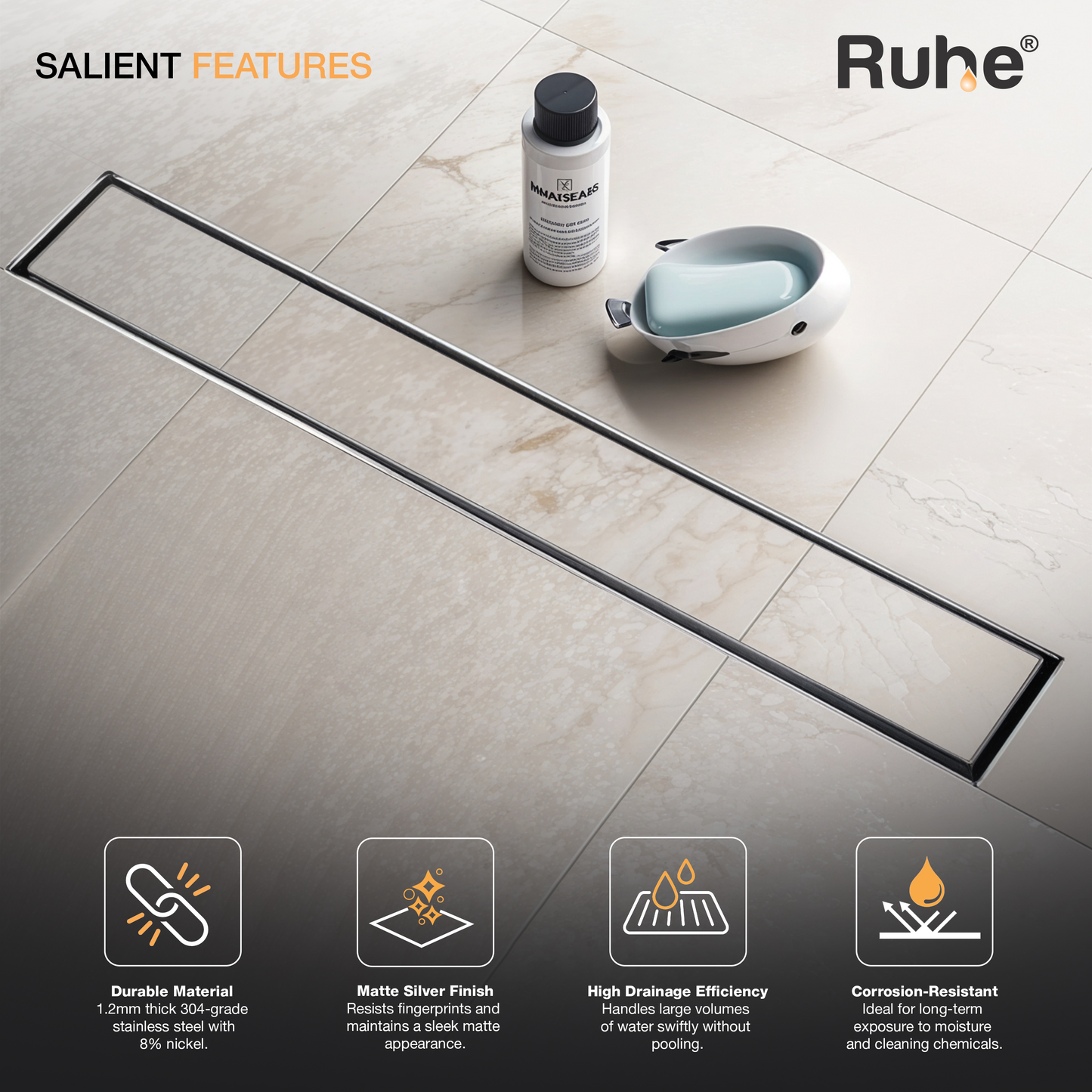 Tile-Insert Shower Drain Channel (2 Inches)