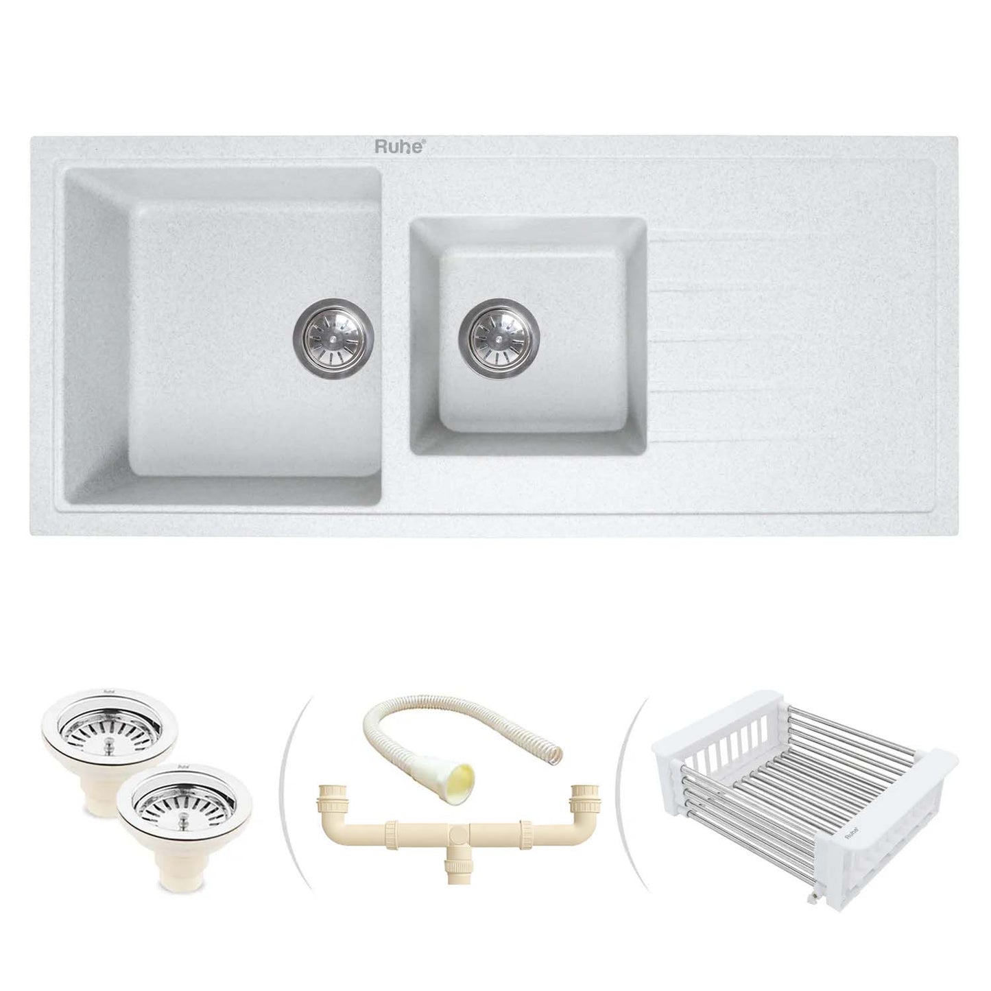 Quartz Double Bowl with Drainboard Kitchen Sink Crystal White (45 x 20 x 9 inches)