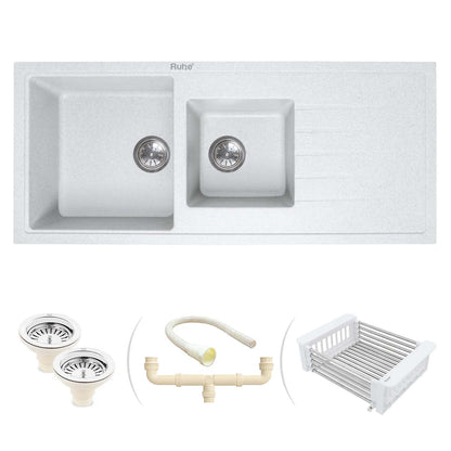 Quartz Double Bowl with Drainboard Kitchen Sink Crystal White (45 x 20 x 9 inches)
