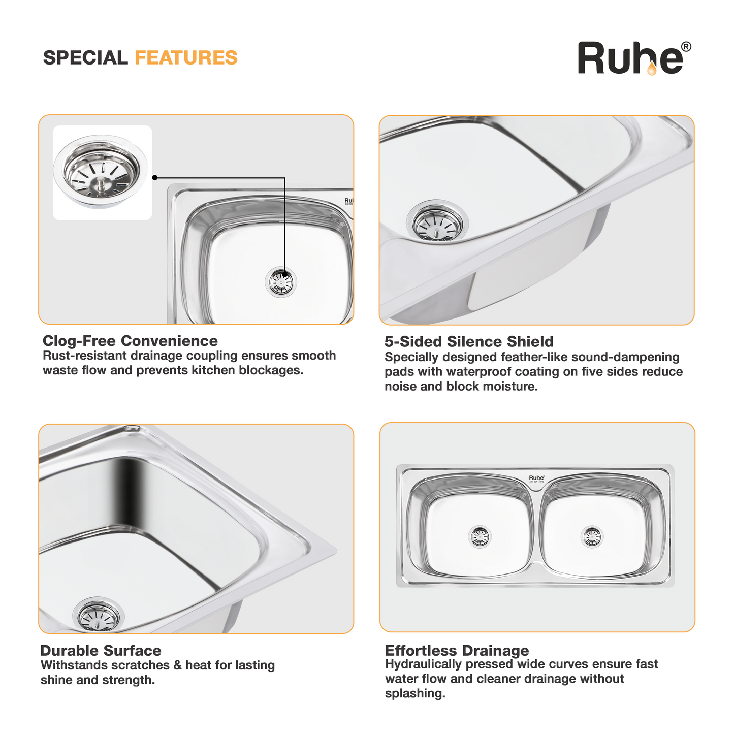 Double Bowl Kitchen Sink (45 x 20 x 9 Inches), Special Features