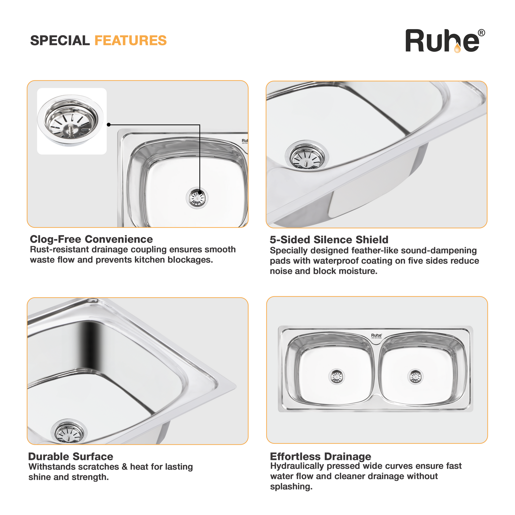Double Bowl Kitchen Sink (45 x 20 x 9 Inches), Special Features