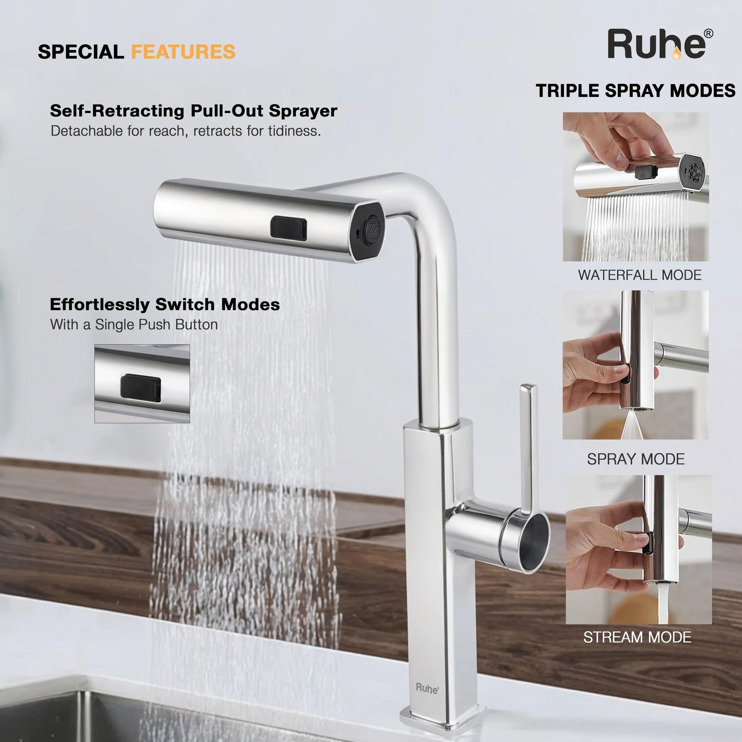 Arrow Triple Flow Pull-Out Kitchen Mixer Faucet