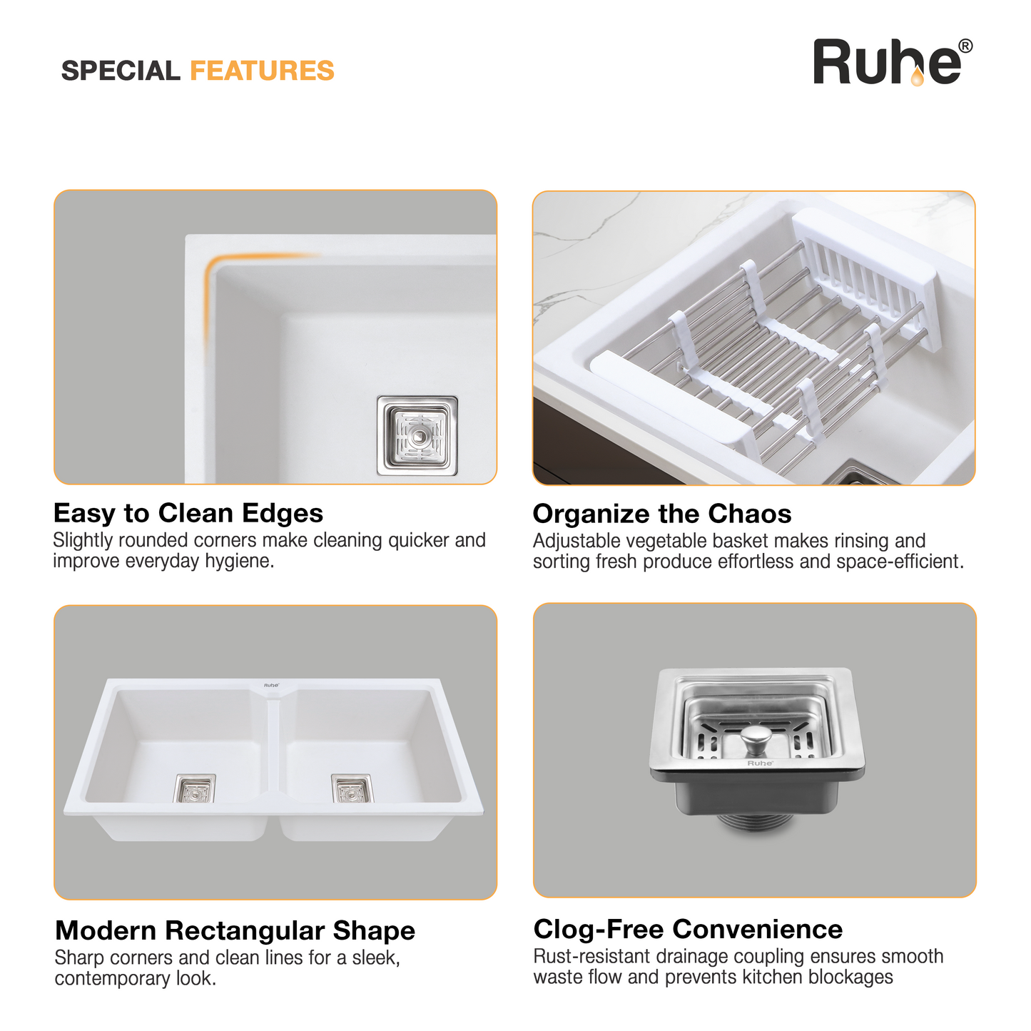 Quartz Double Bowl Kitchen Sink (45 x 20 x 9 inches)