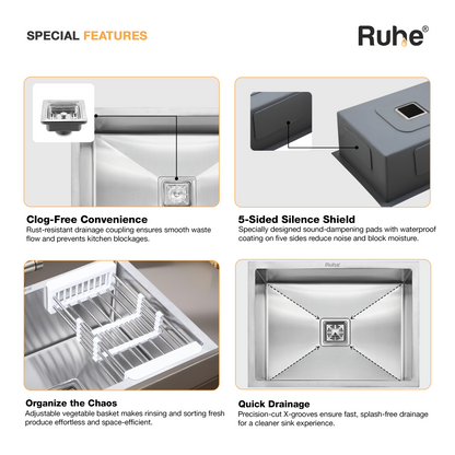 Ruhe kitchen sink features including clog-free convenience, 5-sided silence shield, organize the chaos, and quick drainage.