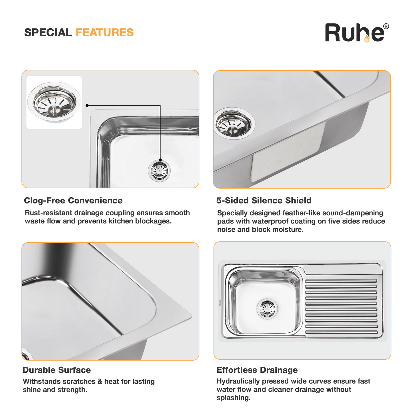 Single Bowl with Drainboard Kitchen Sink (37 x 18 x 8 Inches)(Features)