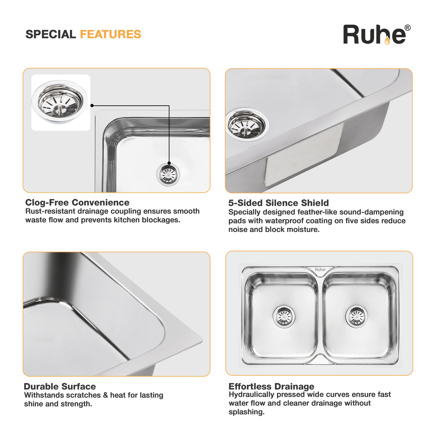 Double Bowl Kitchen Sink (32 x 20 x 8 Inches)(Features)
