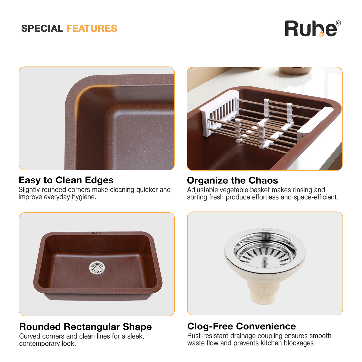 Choco Brown Quartz Single Bowl Kitchen Sink (31 x 19 x 9 Inches) (Special Features)