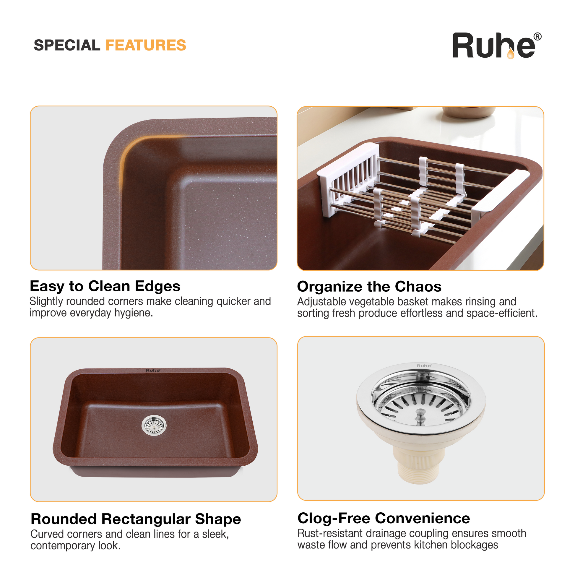 Choco Brown Quartz Single Bowl Kitchen Sink (31 x 19 x 9 Inches) (Special Features)