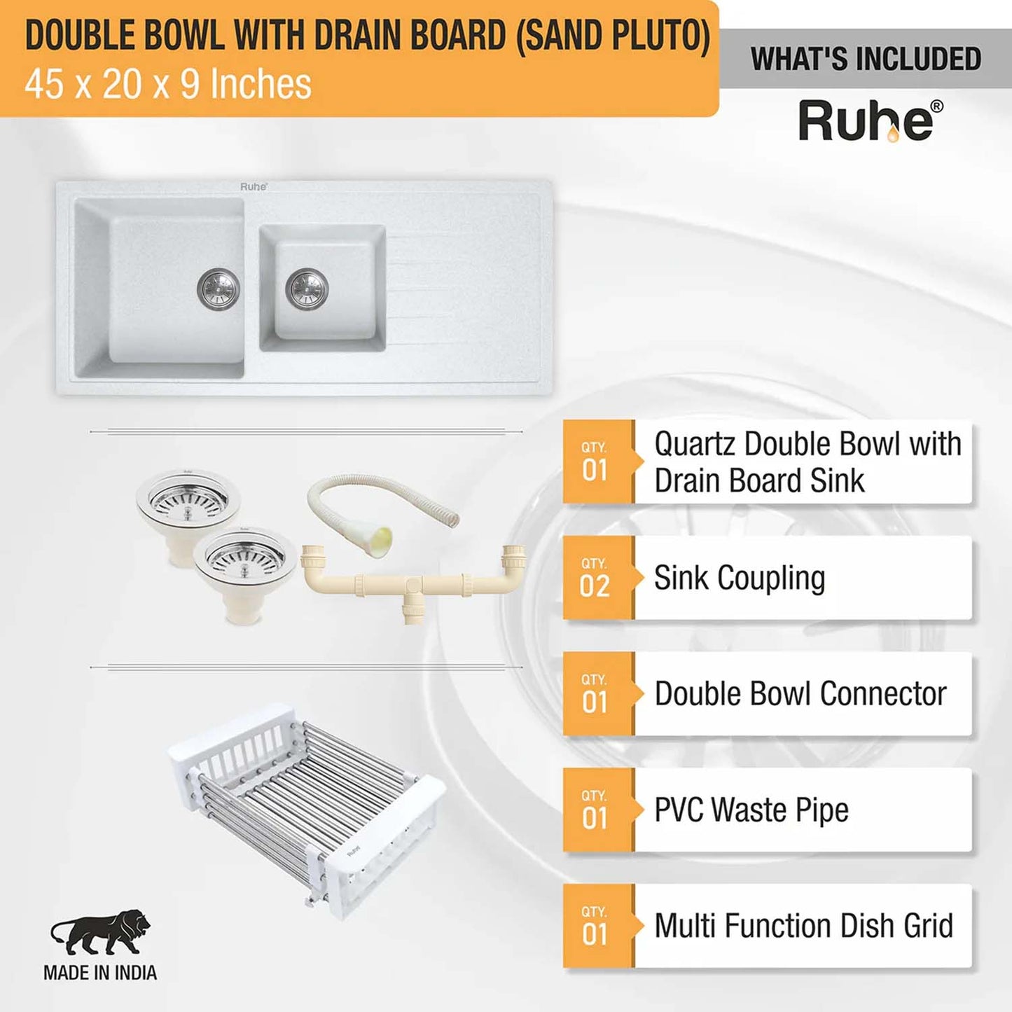Quartz Double Bowl with Drainboard Kitchen Sink (45 x 20 x 9 inches)