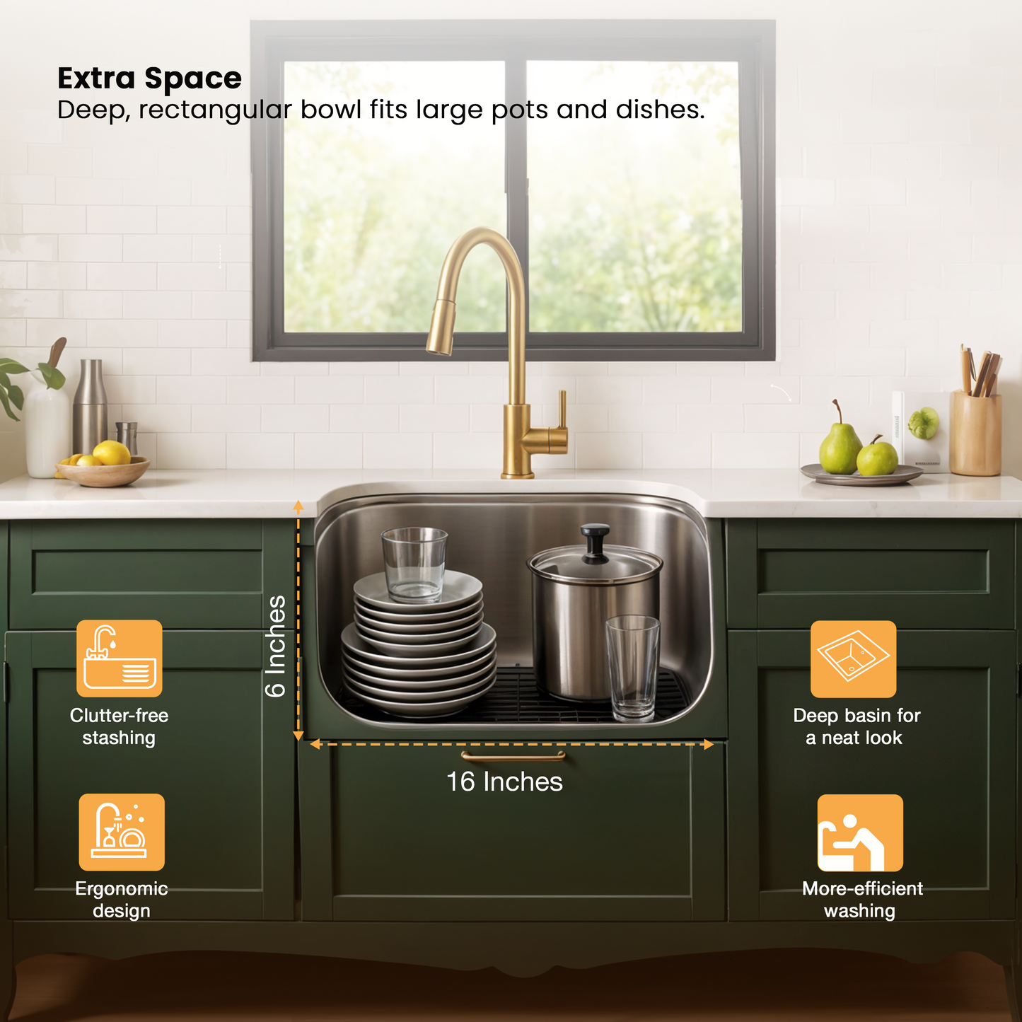 Single Bowl Kitchen Sink (16 x 14 x 6 Inches)(Deep Bowl)