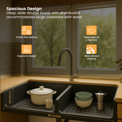 Quartz Double Bowl with Drainboard Kitchen Sink (45 x 20 x 9 inches)