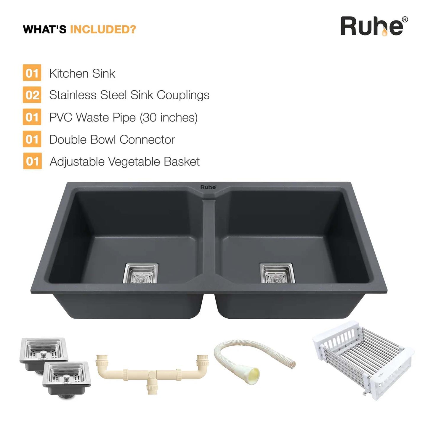 Quartz Double Bowl Black Kitchen Sink (45 x 20 x 9 inches)