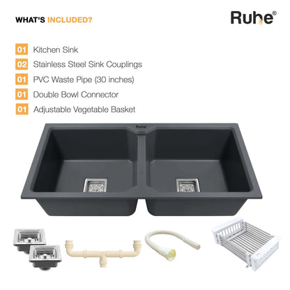 Quartz Double Bowl Black Kitchen Sink (45 x 20 x 9 inches)