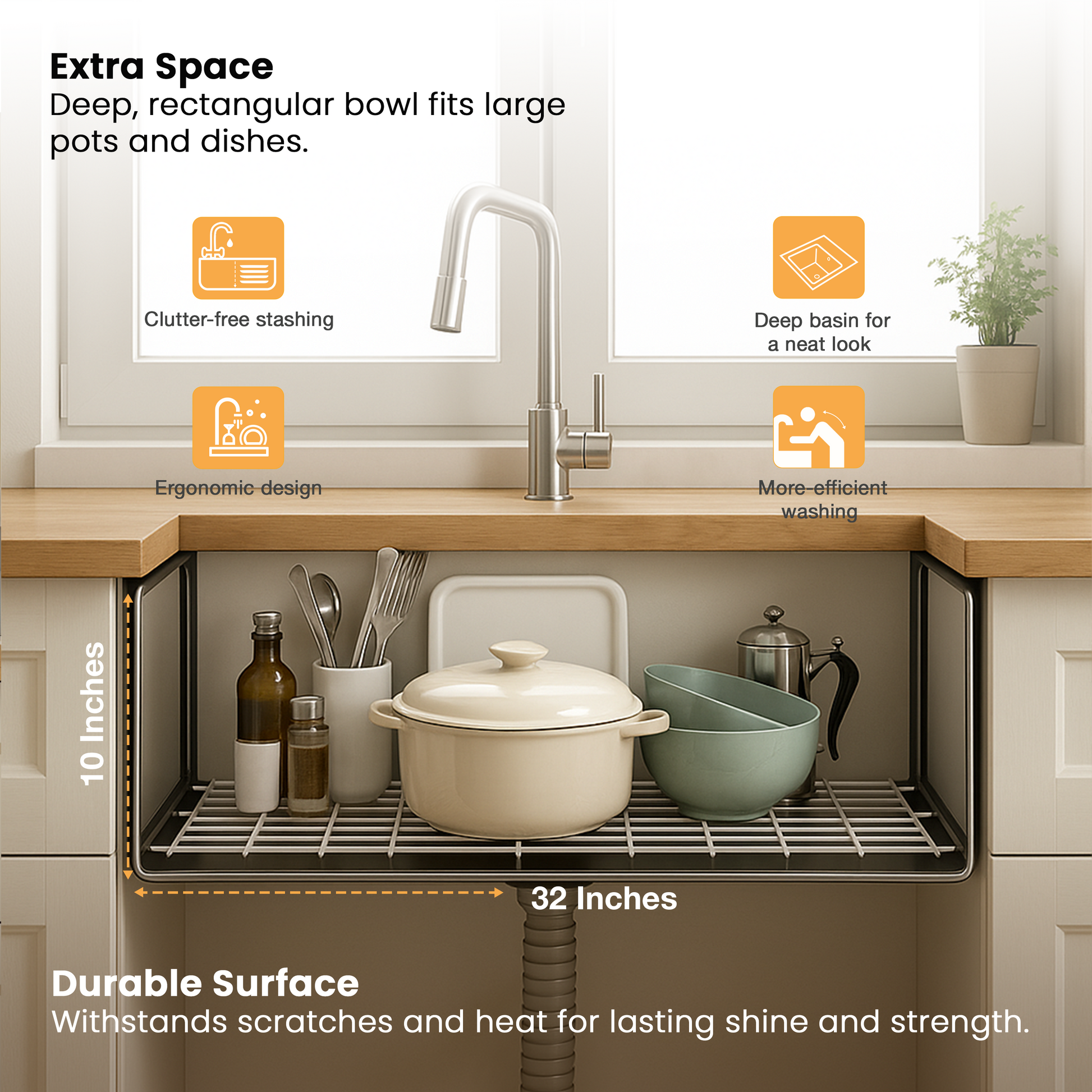 Handmade Single Bowl Kitchen Sink (32 x 20 x 10 Inches) with Deep Bowl