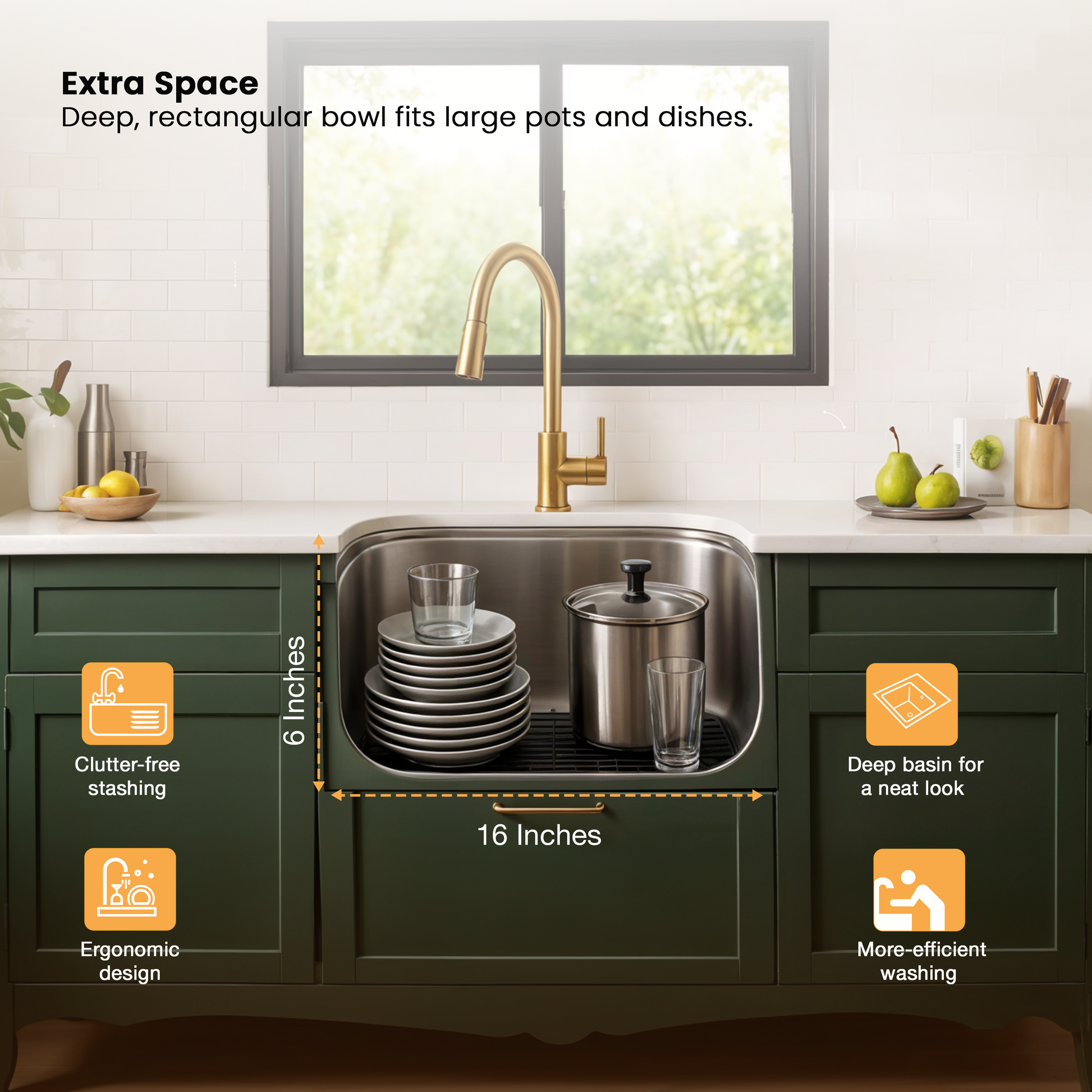 Single Bowl Kitchen Sink (16 x 14 x 6 Inches) (Deep Bowl)