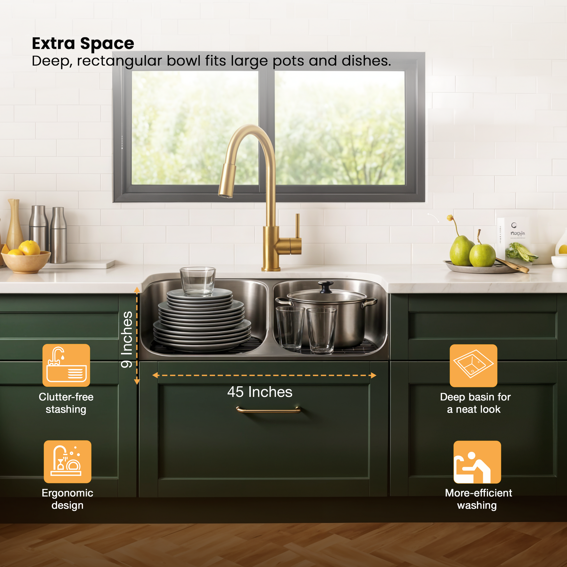 Double Bowl Kitchen Sink (45 x 20 x 9 Inches)(Deep Bowl)