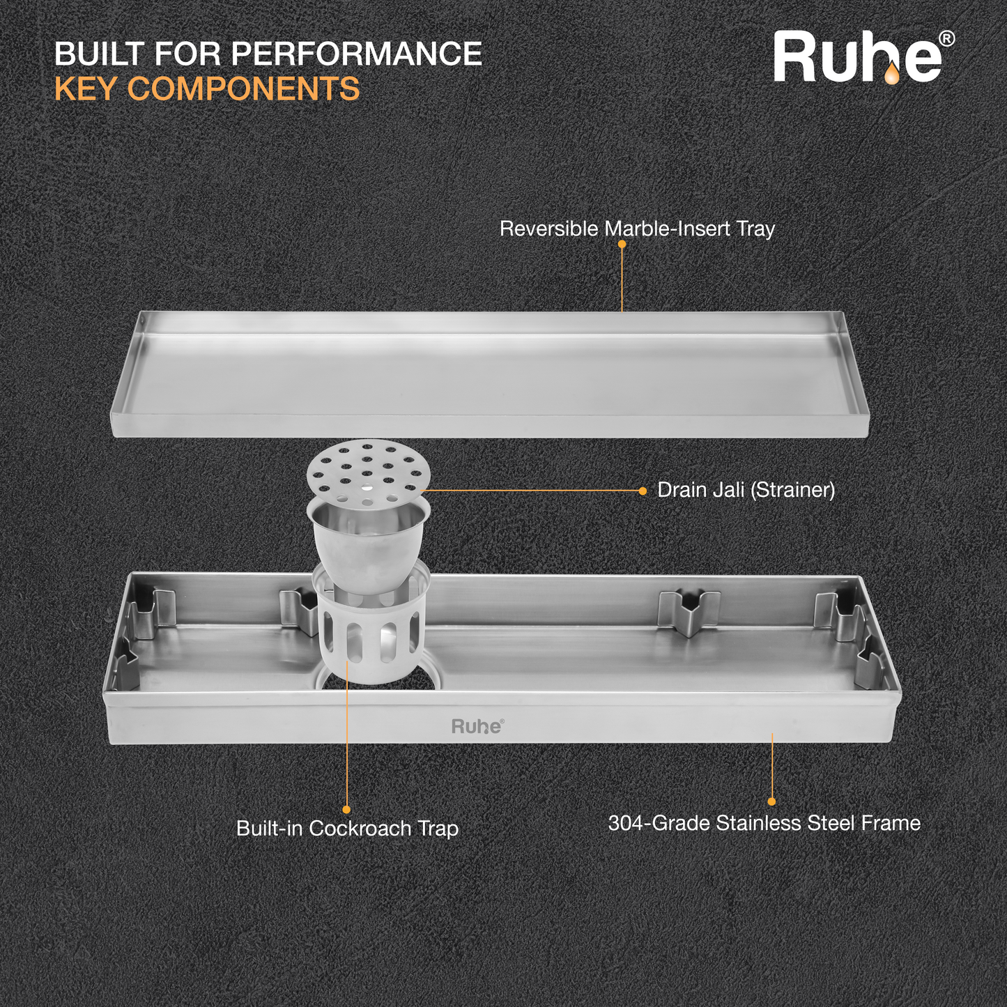 Marble-Insert Shower Drain Channel (4 Inches)