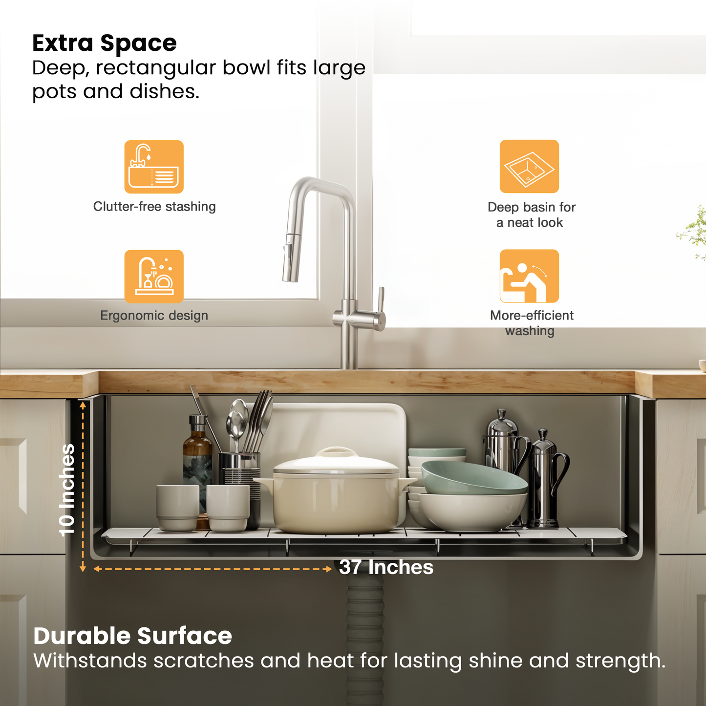 Handmade Single Bowl with Drainboard Kitchen Sink (37 x 18 x 10 Inches) with Deep Bowl