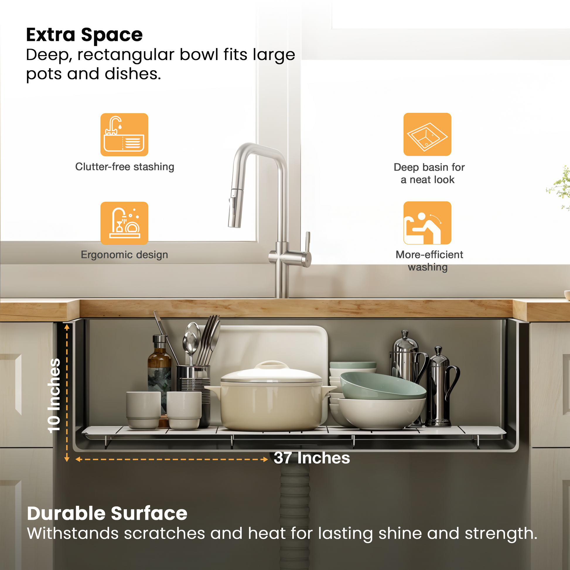 Handmade Single Bowl with Drainboard Kitchen Sink (37 x 18 x 10 Inches) with Deep Bowl