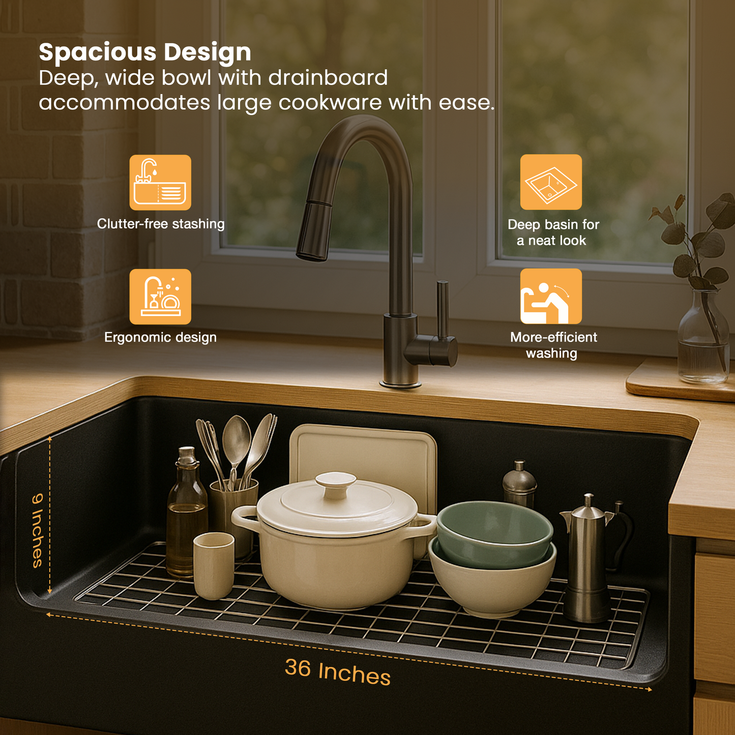 Quartz Single Bowl with Drainboard Kitchen Sink (36 x 18 x 9 Inches)