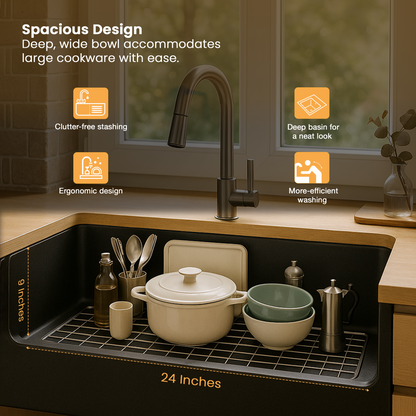 Smoke Grey Quartz Single Bowl Kitchen Sink (24 x 18 x 9 Inches) (Depth)
