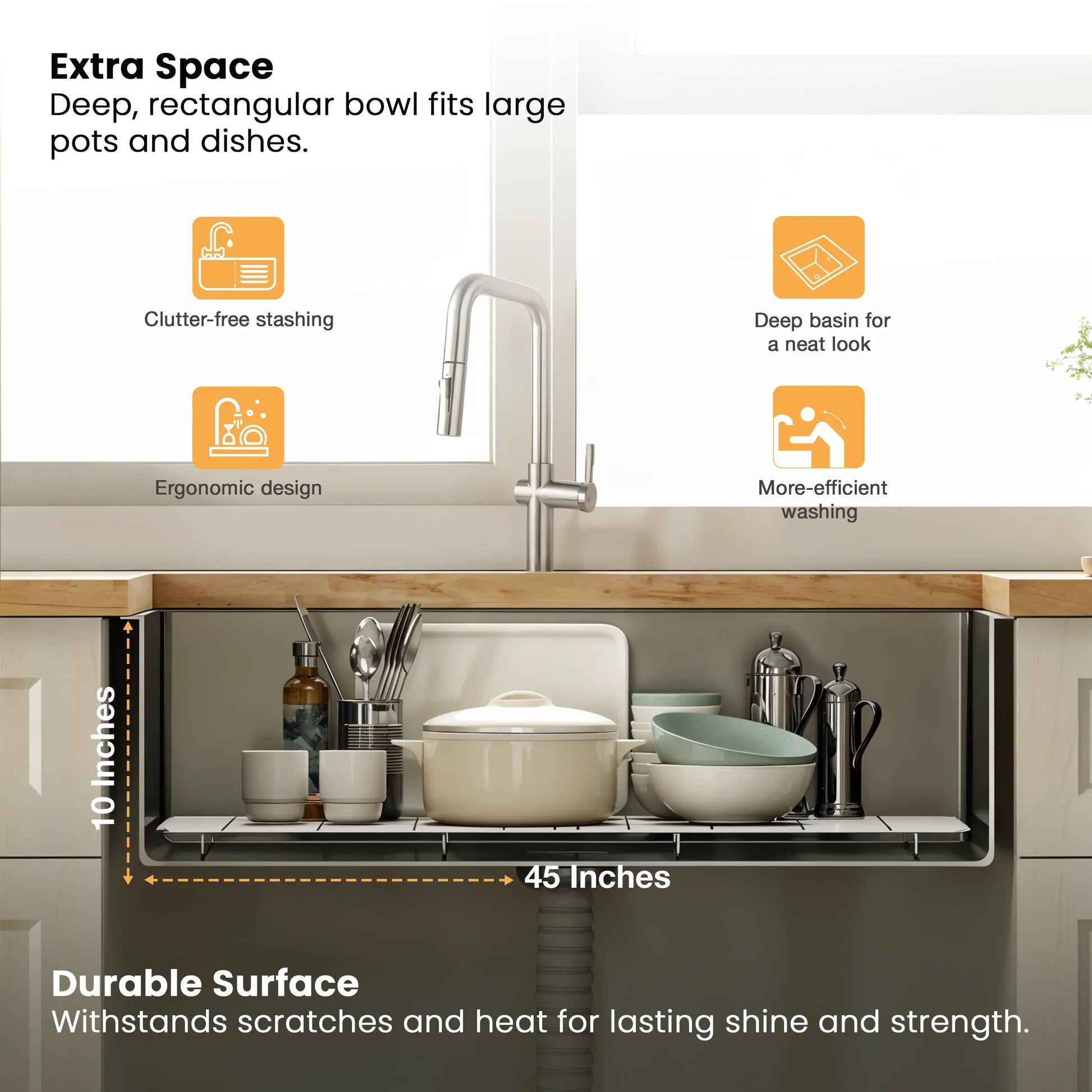 Handmade Single Bowl with Drainboard Kitchen Sink (45 x 20 x 10 Inches) with Deep Bowl