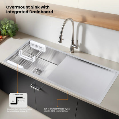 Handmade Single Bowl with Drainboard Kitchen Sink (45 x 20 x 10 Inches) Suitable for undermount and overmount