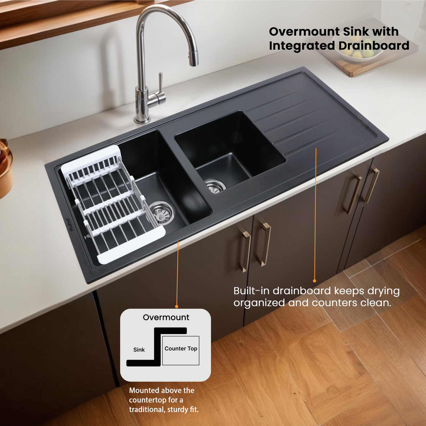 Quartz Double Bowl with Drainboard Kitchen Sink (45 x 20 x 9 inches)