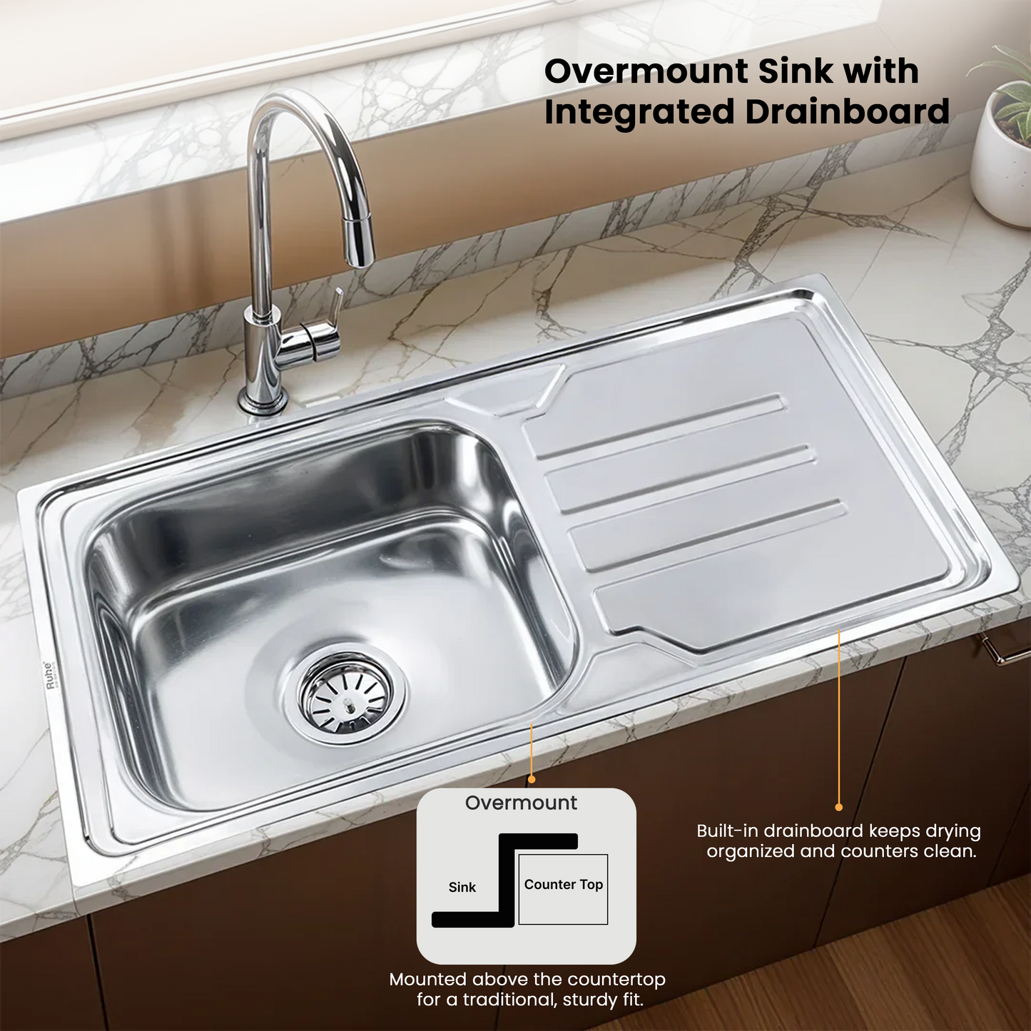Single Bowl with Drainboard Kitchen Sink (42 x 20 x 9 Inches), With Undermount and Overmount Installation