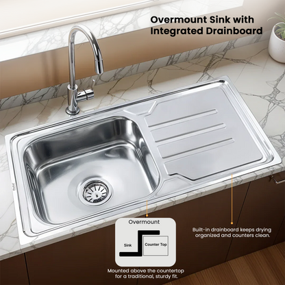 Single Bowl with Drainboard Kitchen Sink (42 x 20 x 9 Inches), With Undermount and Overmount Installation