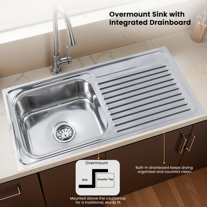 Single Bowl with Drainboard Kitchen Sink (37 x 18 x 8 Inches), With Undermount and Overmount Installation