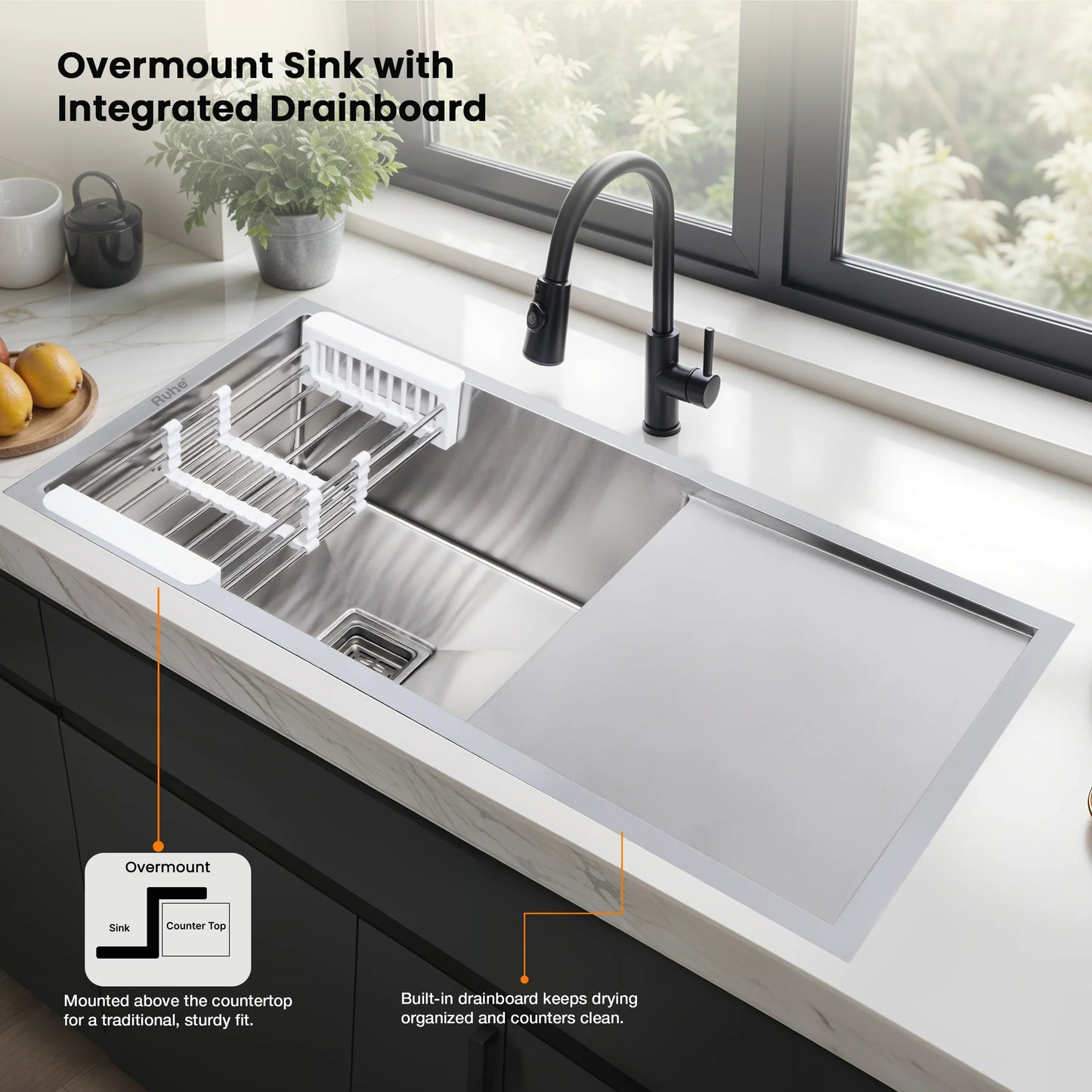 Handmade Single Bowl with Drainboard Kitchen Sink (37 x 18 x 10 Inches) Suitable for undermount and overmount