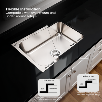 Single Bowl Kitchen Sink (24 x 18 x 9 Inches), With Undermount and Overmount Installation