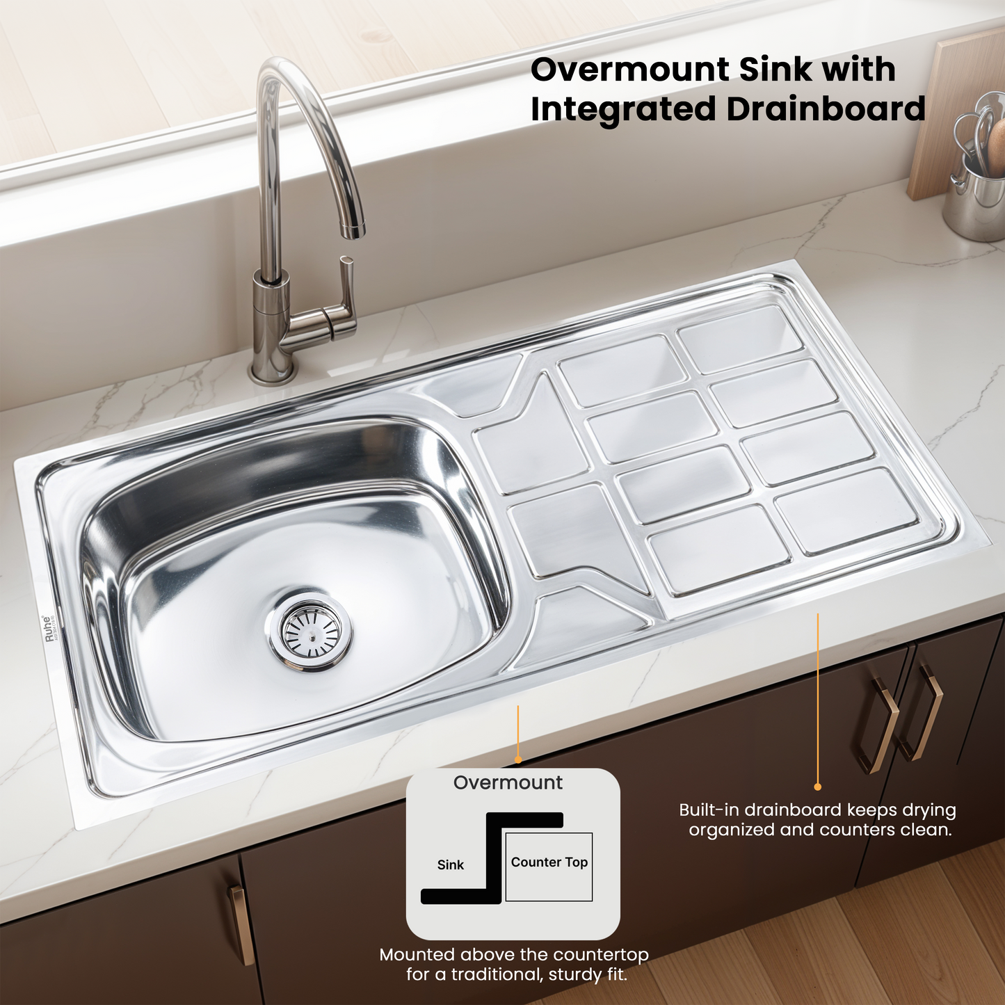 Oval Single Bowl with Drainboard Kitchen Sink (45 x 20 x 9 Inches)